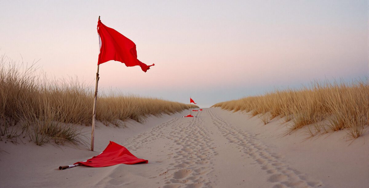 Rote Flaggen am Sandstrand als Warnsignal in den Dünen bei Sonnenuntergang