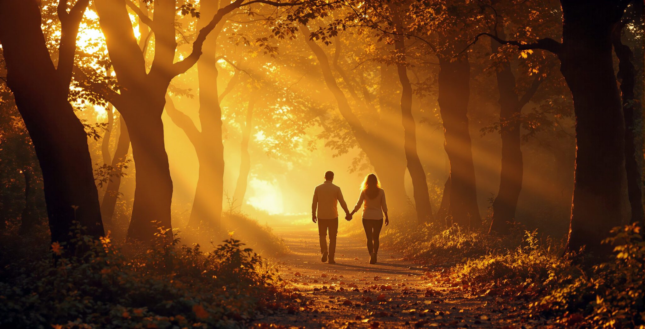 Ein Paar über 40 hält Hände beim gemeinsamen Spaziergang im goldenen Waldlicht – Symbol für Harmonie und Vertrauen in der Partnerschaft, ideal für Beziehungsberatung Ü40.