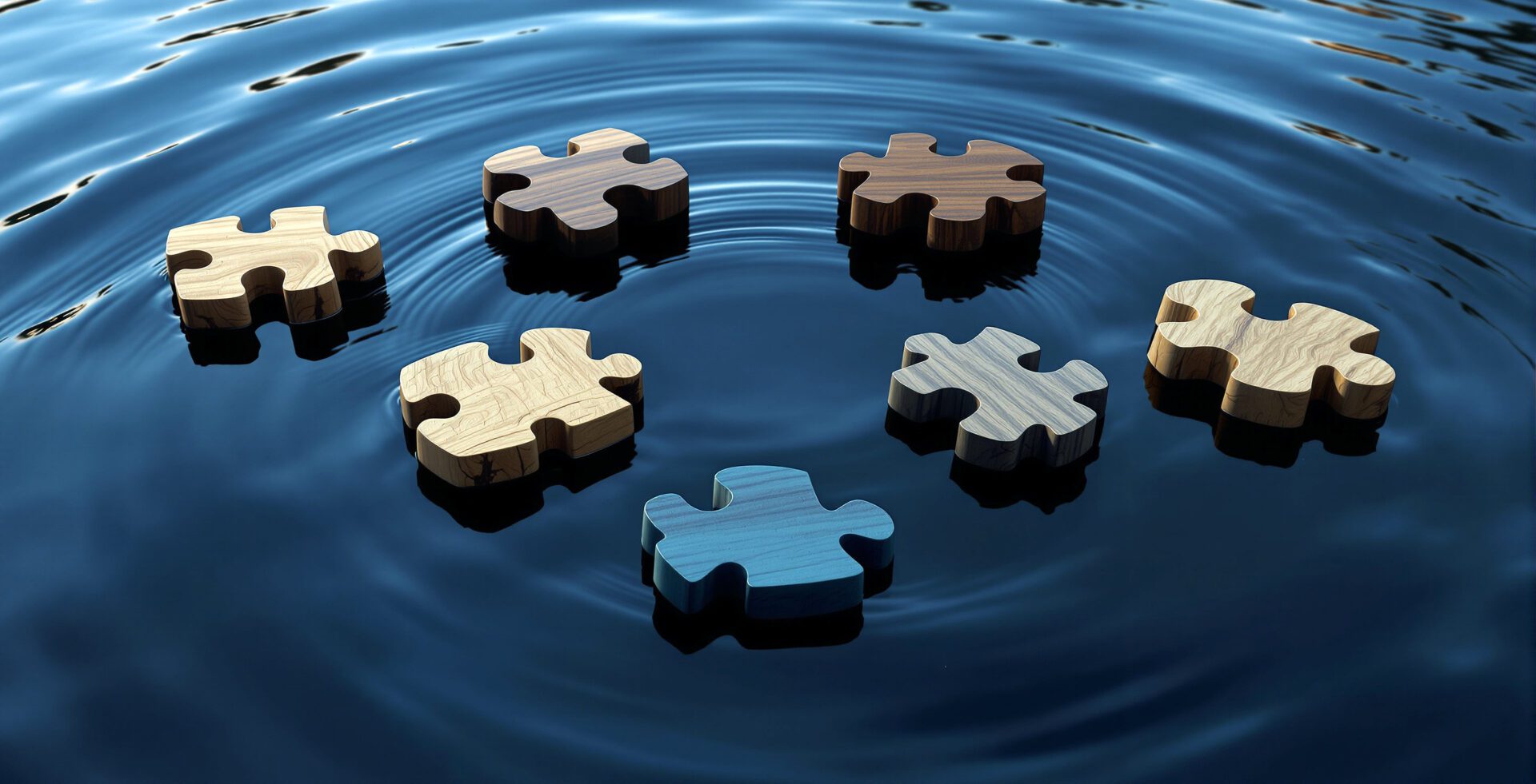 Sieben Holzteile eines Puzzles schwimmen auf Wasser mit einem fehlenden Teil in der Mitte - Symbol für Lösungsansätze und Zusammenführen in der Beziehungsberatung Ü40.