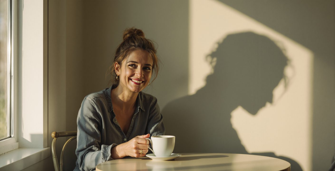 Eine lächelnde Frau sitzt allein am Tisch und trinkt Kaffee, während der Schatten ihres Selbst an der Wand zu sehen ist.
