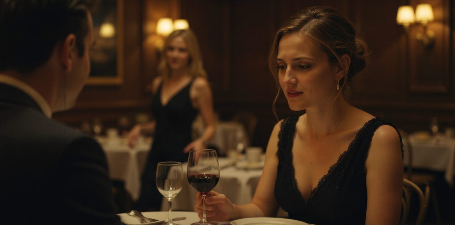 Eine Frau sitzt beim Abendessen mit ihrem Partner im Restaurant und wirkt verunsichert, während er sie ignoriert – ein klassisches Warnsignal in Beziehungen.